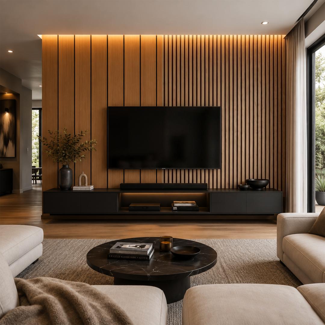 Decorative wood slat wall panels in a contemporary living room